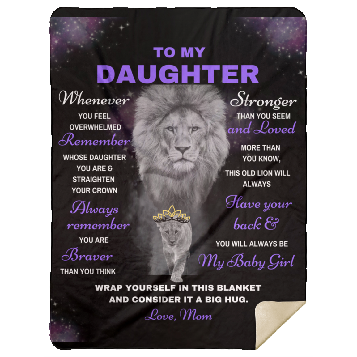 Daughter Lion Blanket Gift, From Mom -Black w/ Purple (Choose Size and Style)