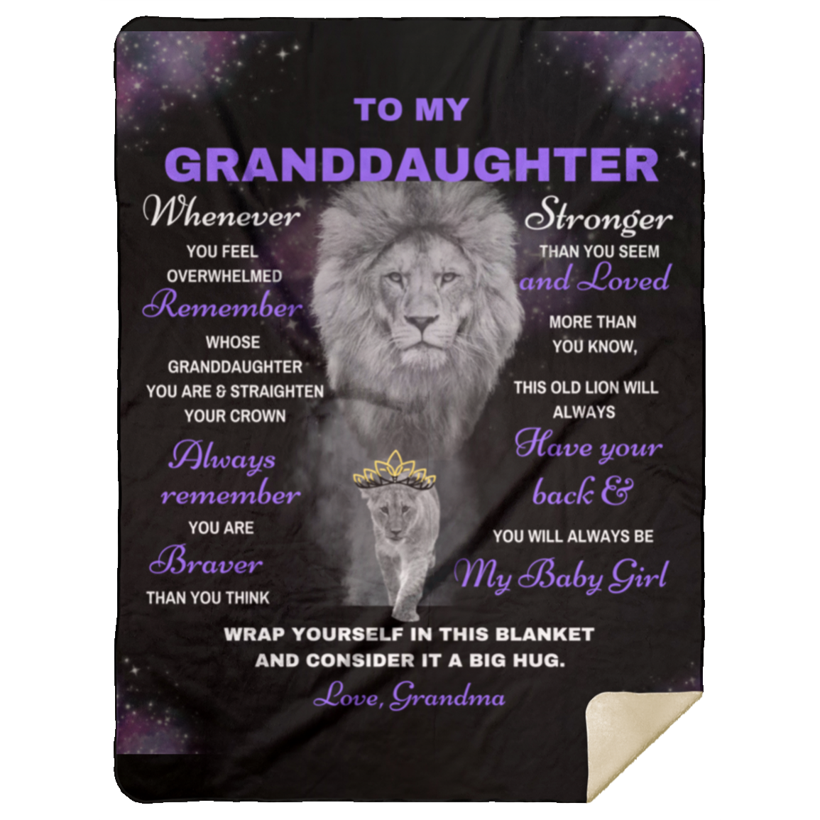 Granddaughter Lion Blanket Gift, From Grandma- Black w/ Purple (Choose Size and Style)