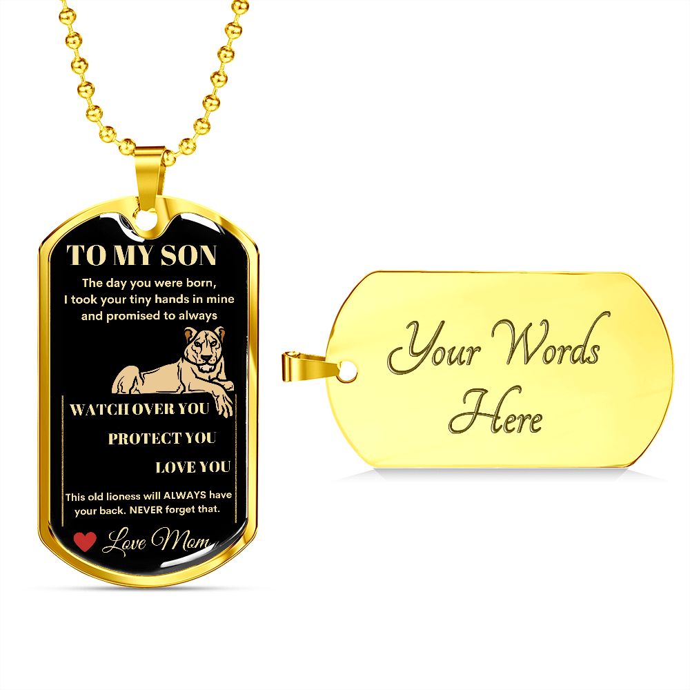 Dog Tag Necklace, GIFT TO SON from Mom - Lioness Black