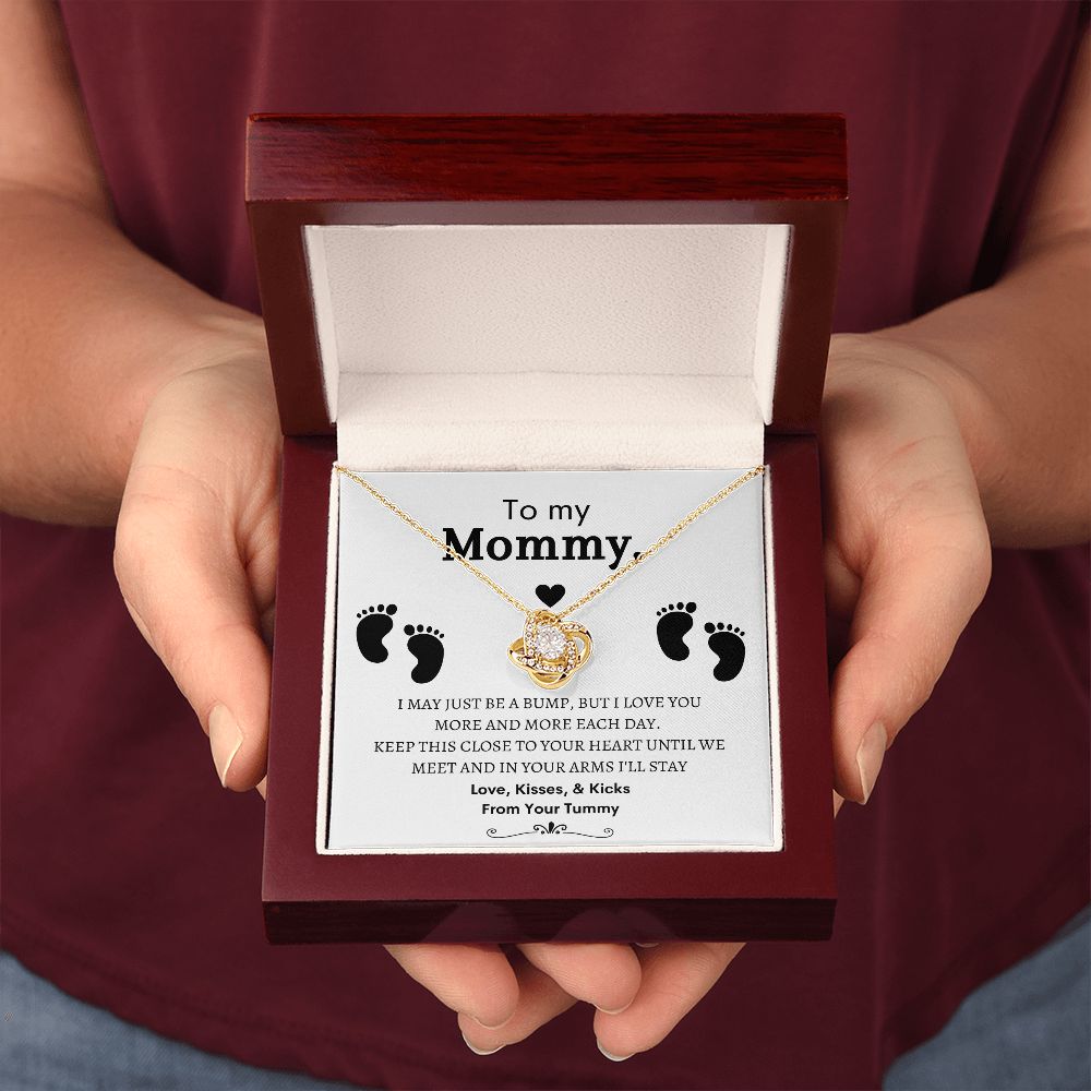 To My Mommy, Mom to Be, Pregnancy Baby Shower Gift, Mothers Day, Baby Feet - Love Knot Necklace - 14k and 18K over stainless less pendant