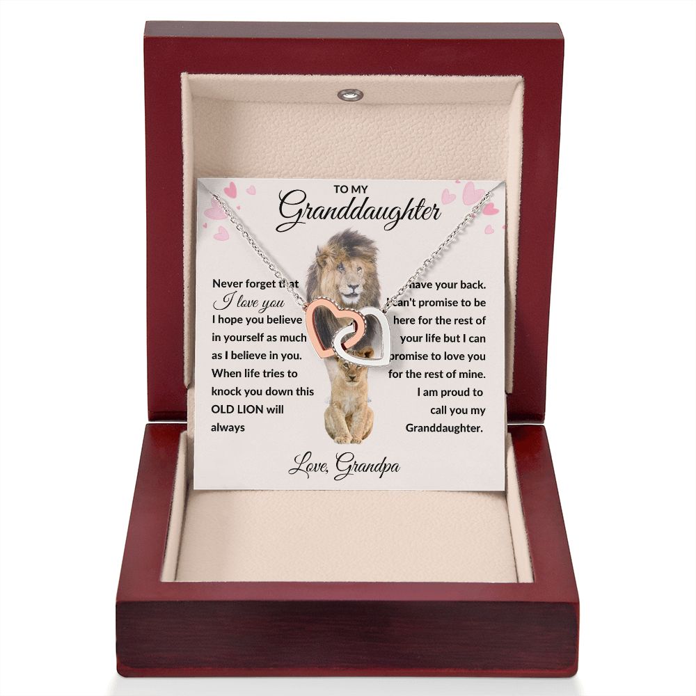 Interlocking Hearts Necklace, Gift to Granddaughter from Grandpa - lion pink hearts - Valentines, Birthday, Graduation, Christmas, I Love You