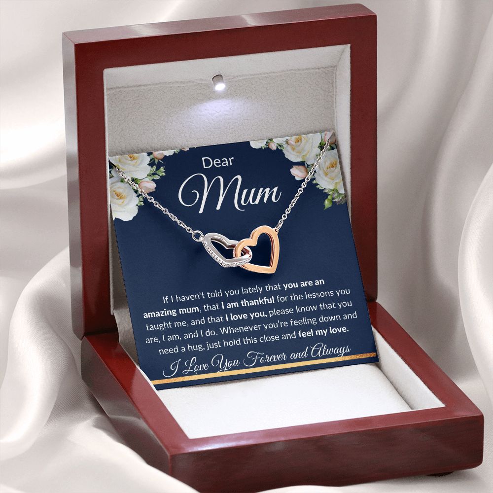 Interlocking Hearts Necklace (Yellow and White Gold Finish), Gift to Mum - Dear Mum Blue