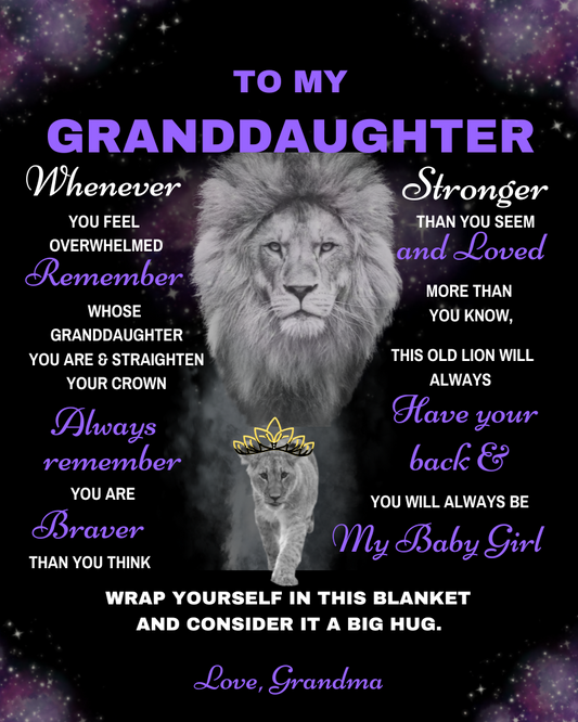 Granddaughter Lion Blanket Gift, From Grandma- Black w/ Purple (Choose Size and Style)