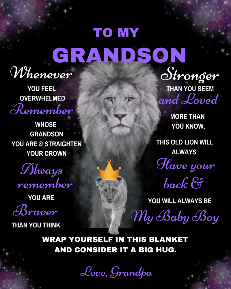 Grandson Lion Blanket Gift, from Grandpa - Black w/ Purple (Choose Size and Style)