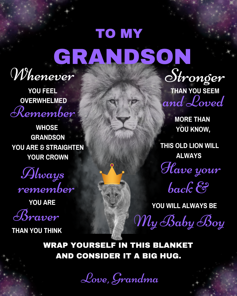Grandson Lion Blanket Gift, From Grandma - Black w/ Purple (Choose Size and Style)