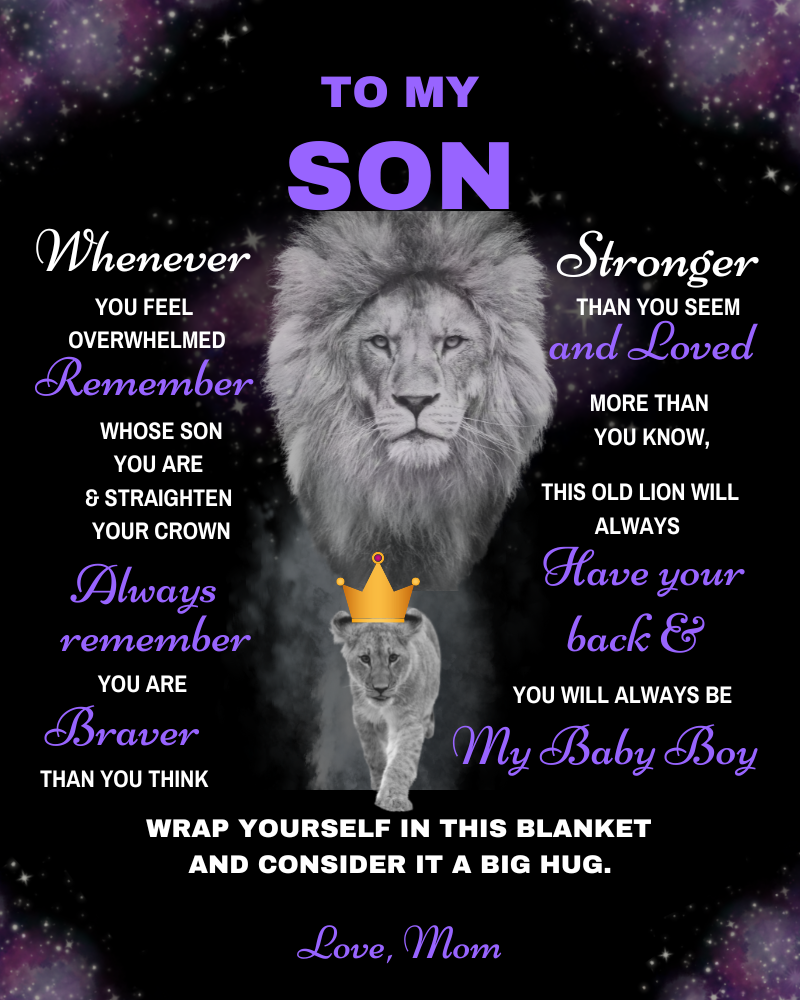 Son Lion Blanket Gift, from Mom - Black w/ Purple (Choose Size and Style)