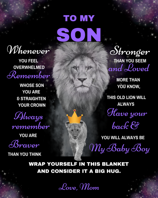 Son Lion Blanket Gift, from Mom - Black w/ Purple (Choose Size and Style)