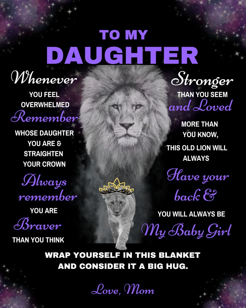 Daughter Lion Blanket Gift, From Mom -Black w/ Purple (Choose Size and Style)