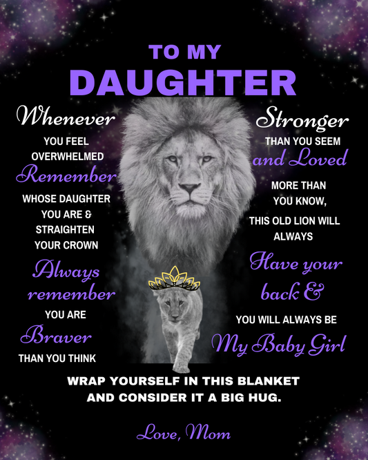 Daughter Lion Blanket Gift, From Mom -Black w/ Purple (Choose Size and Style)