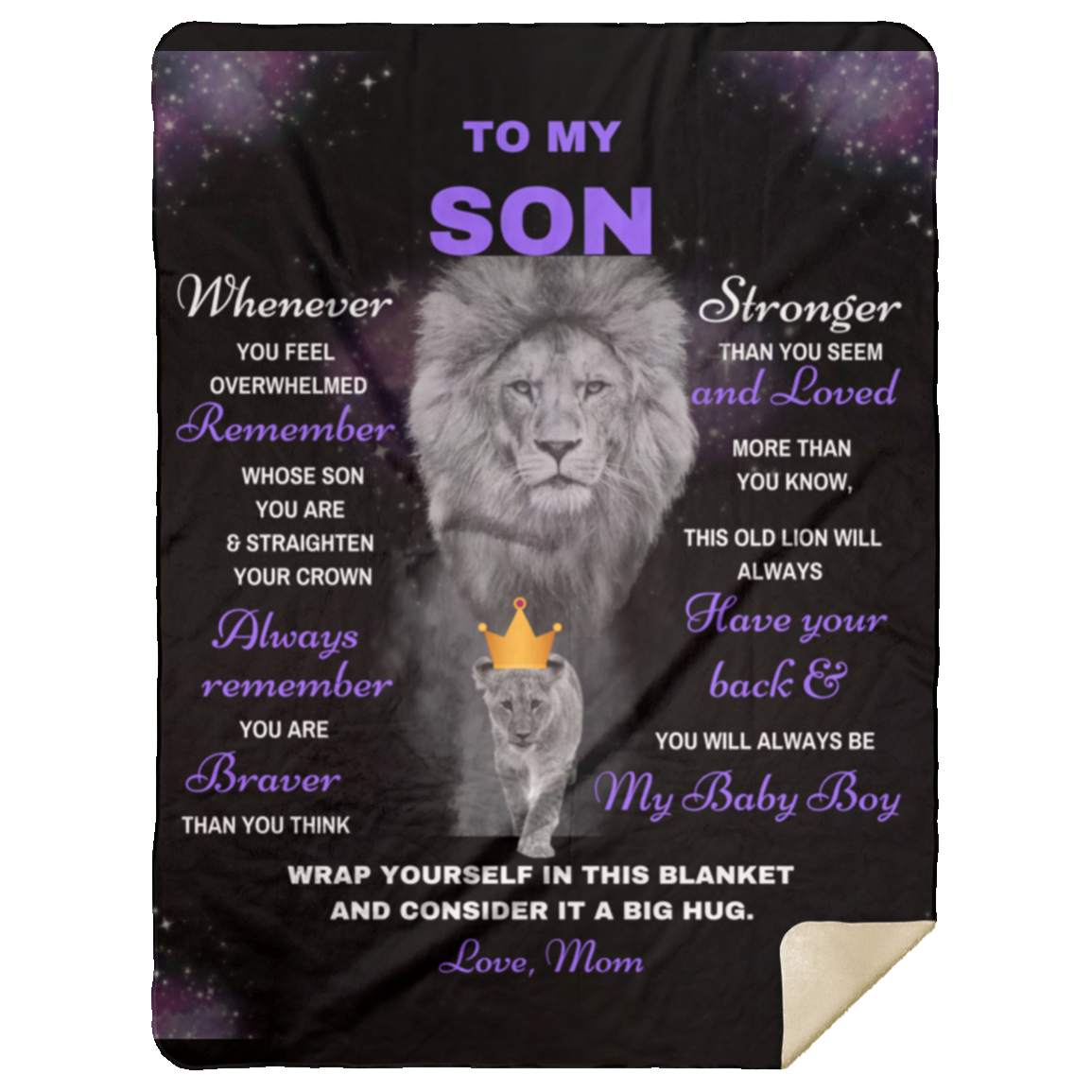 Son Lion Blanket Gift, from Mom - Black w/ Purple (Choose Size and Style)