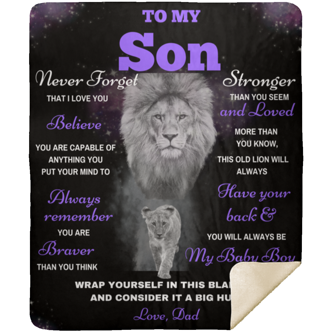 Son Lion Blanket Gift, from Dad - Black w/ Purple (Choose Size and Color)