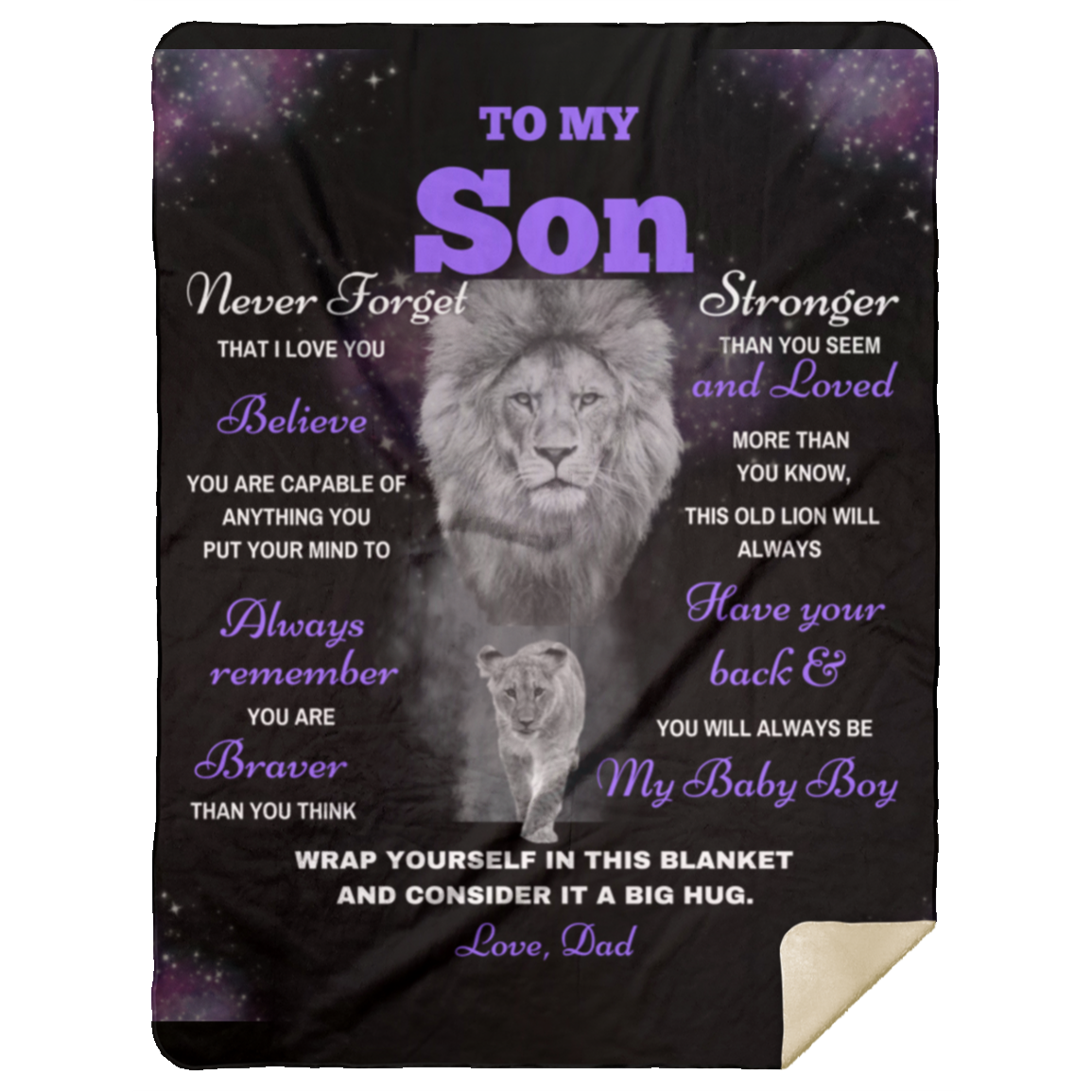Son Lion Blanket Gift, from Dad - Black w/ Purple (Choose Size and Color)