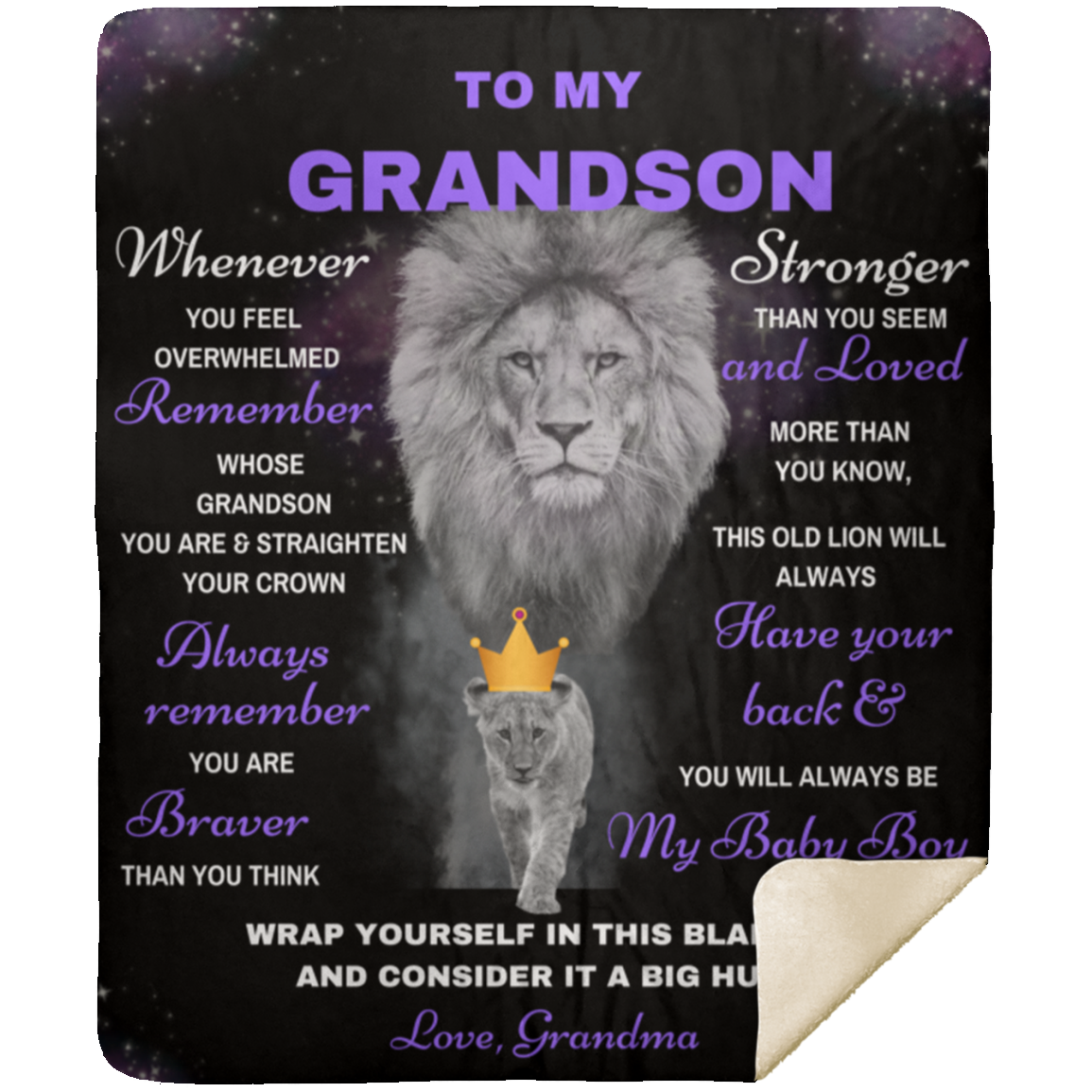 Grandson Lion Blanket Gift, From Grandma - Black w/ Purple (Choose Size and Style)