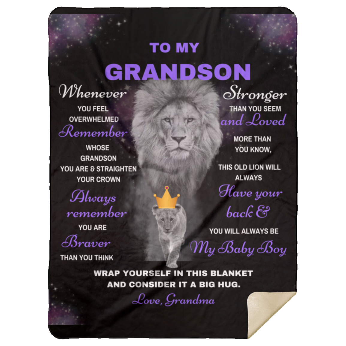 Grandson Lion Blanket Gift, From Grandma - Black w/ Purple (Choose Size and Style)