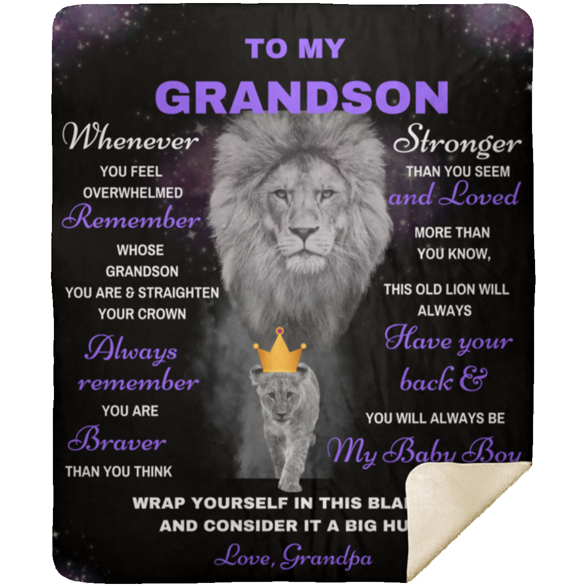 Grandson Lion Blanket Gift, from Grandpa - Black w/ Purple (Choose Size and Style)
