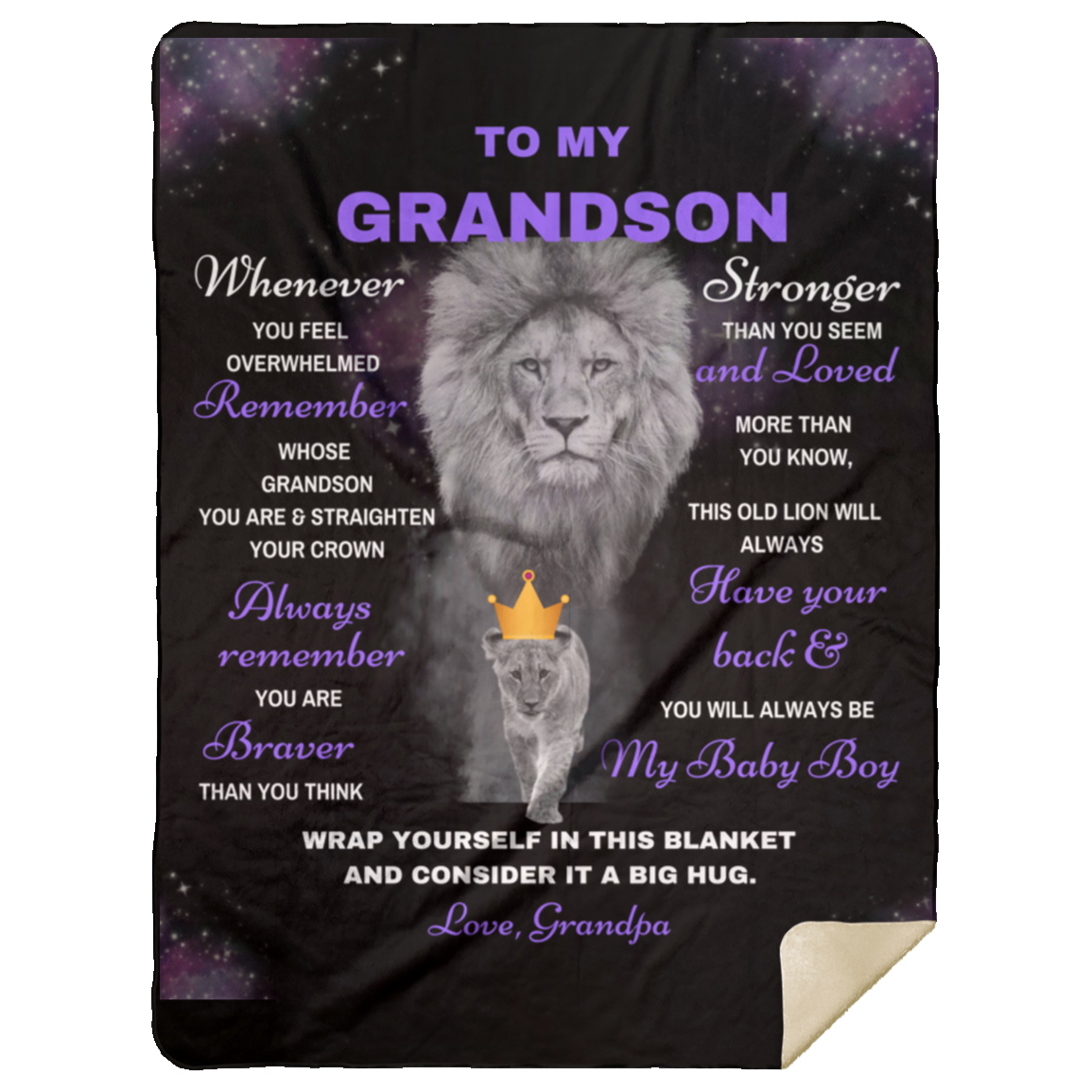 Grandson Lion Blanket Gift, from Grandpa - Black w/ Purple (Choose Size and Style)