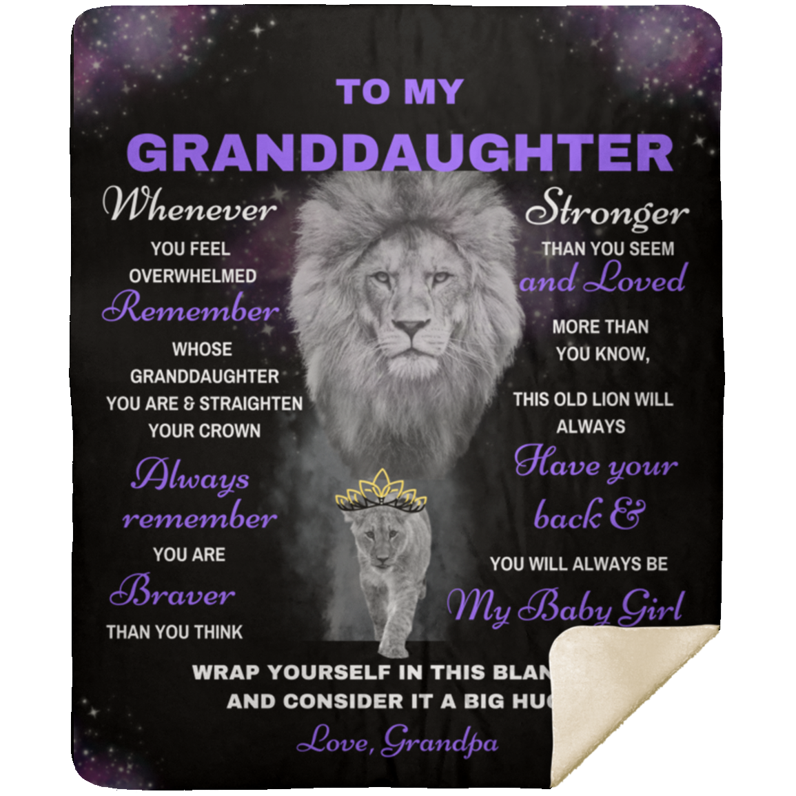 Granddaughter Lion Blanket Gift, from Grandpa - Black w/ Purple (Choose Size and Style)