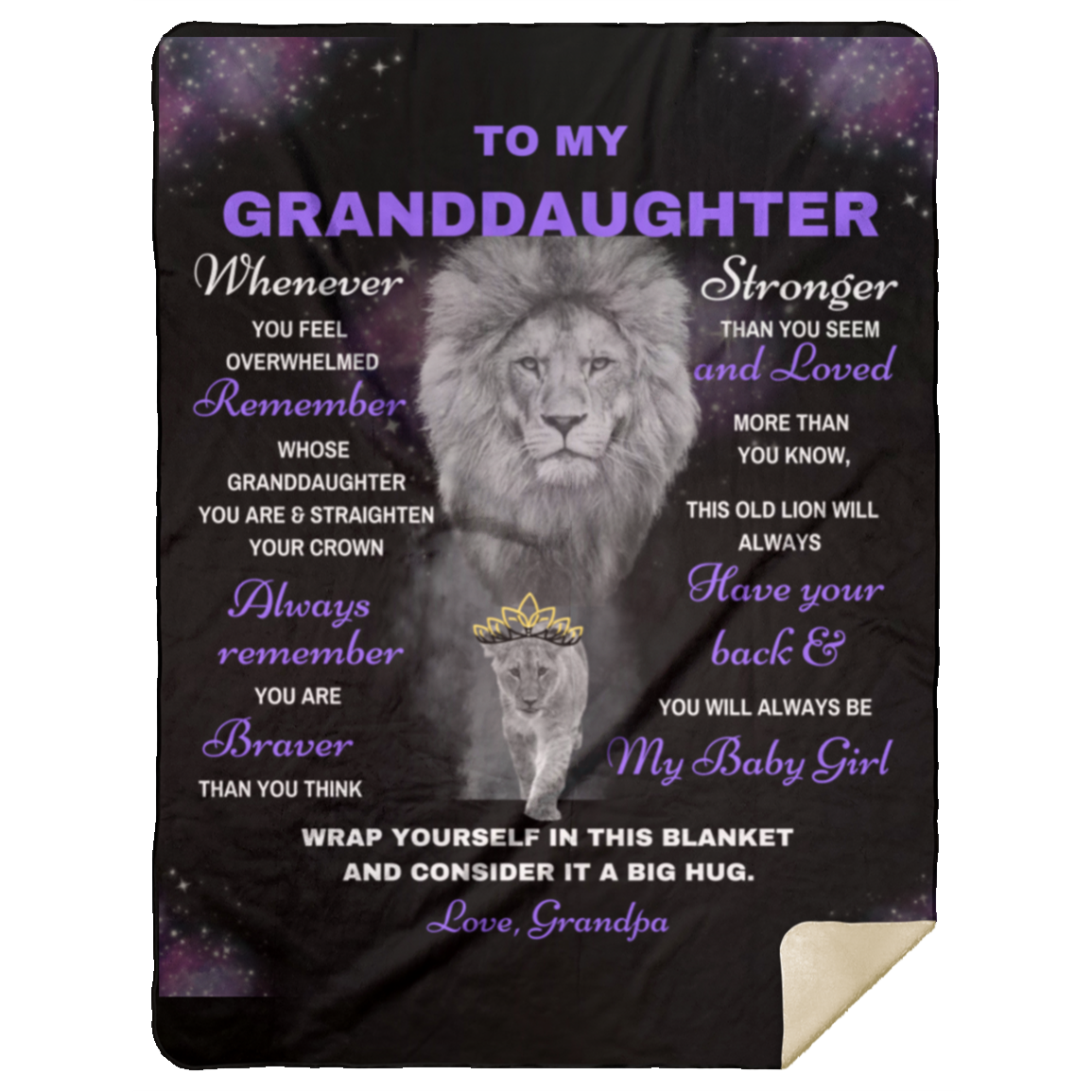 Granddaughter Lion Blanket Gift, from Grandpa - Black w/ Purple (Choose Size and Style)