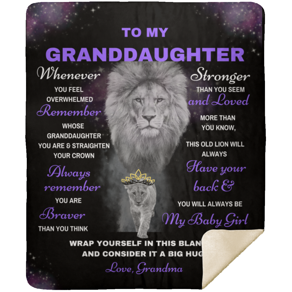 Granddaughter Lion Blanket Gift, From Grandma- Black w/ Purple (Choose Size and Style)