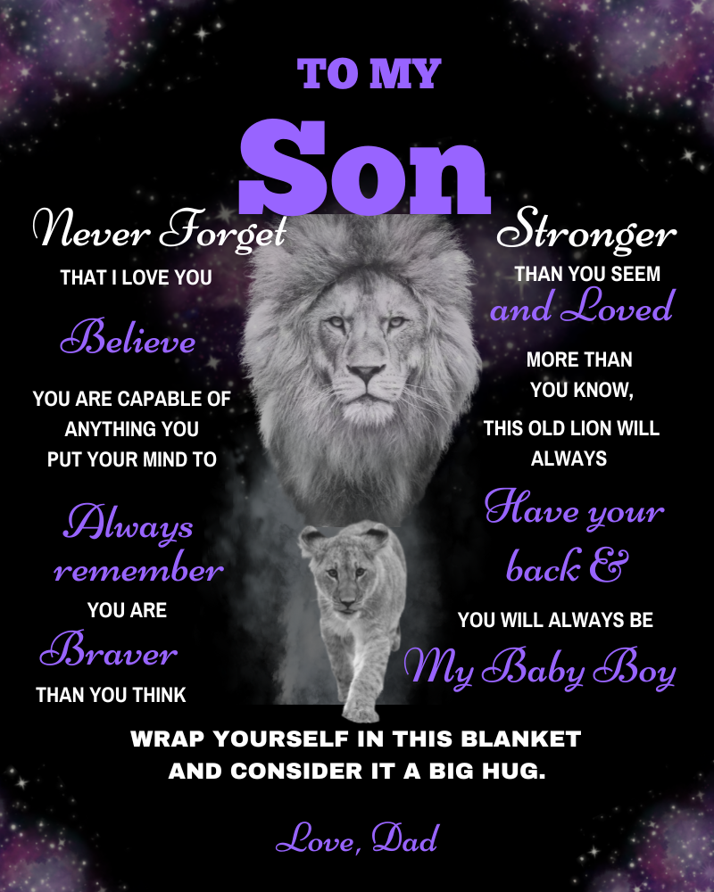 Son Lion Blanket Gift, from Dad - Black w/ Purple (Choose Size and Color)