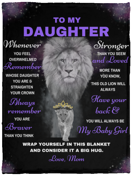 Daughter Lion Blanket Gift, From Mom -Black w/ Purple (Choose Size and Style)