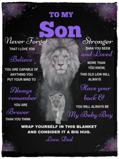 Son Lion Blanket Gift, from Dad - Black w/ Purple (Choose Size and Color)