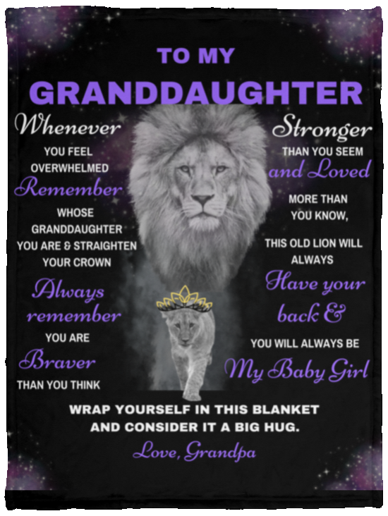 Granddaughter Lion Blanket Gift, from Grandpa - Black w/ Purple (Choose Size and Style)
