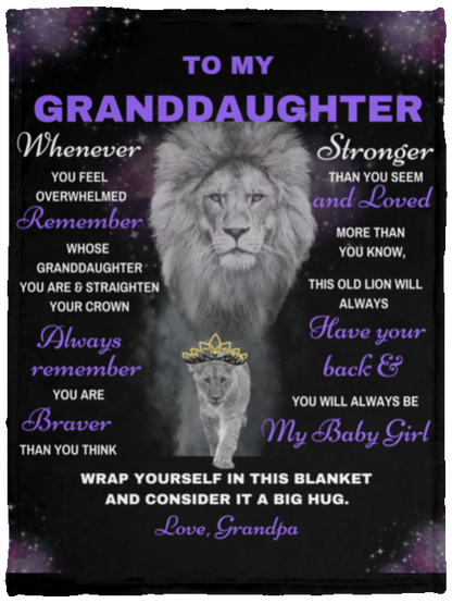 Granddaughter Lion Blanket Gift, from Grandpa - Black w/ Purple (Choose Size and Style)