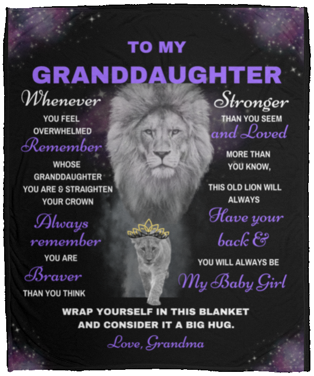 Granddaughter Lion Blanket Gift, From Grandma- Black w/ Purple (Choose Size and Style)