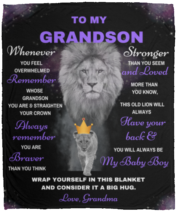 Grandson Lion Blanket Gift, From Grandma - Black w/ Purple (Choose Size and Style)