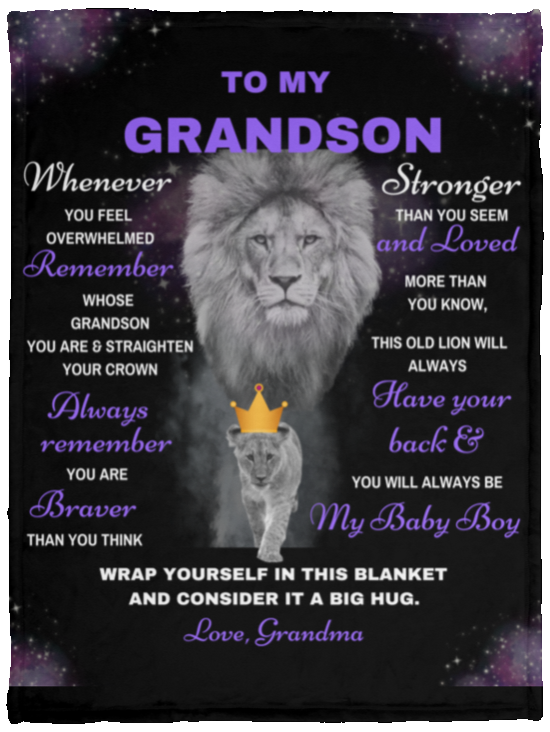 Grandson Lion Blanket Gift, From Grandma - Black w/ Purple (Choose Size and Style)