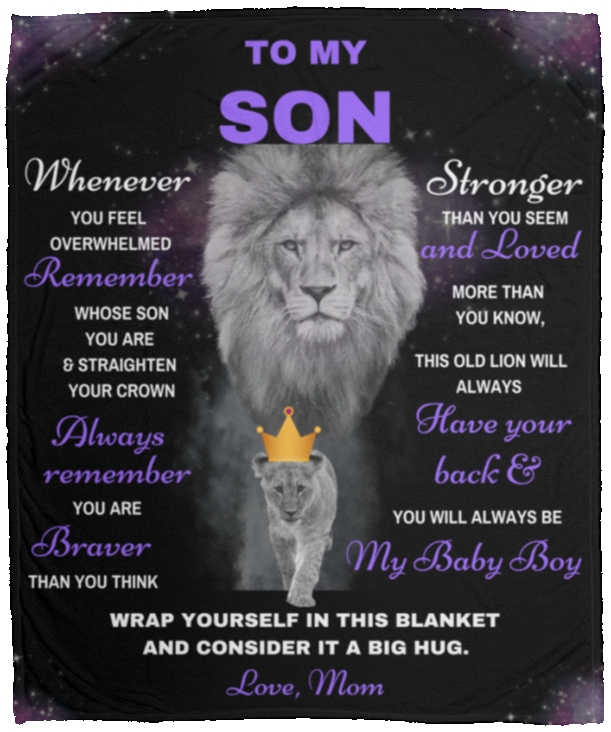Son Lion Blanket Gift, from Mom - Black w/ Purple (Choose Size and Style)