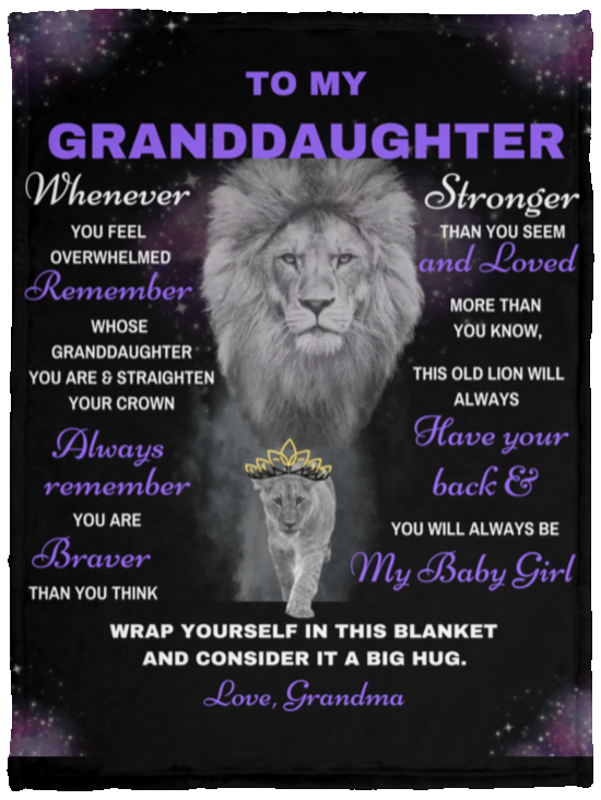 Granddaughter Lion Blanket Gift, From Grandma- Black w/ Purple (Choose Size and Style)