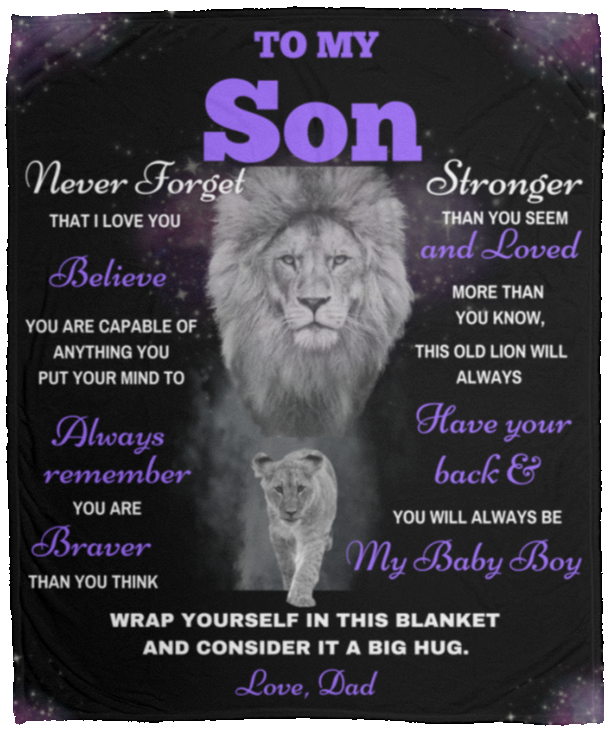 Son Lion Blanket Gift, from Dad - Black w/ Purple (Choose Size and Color)