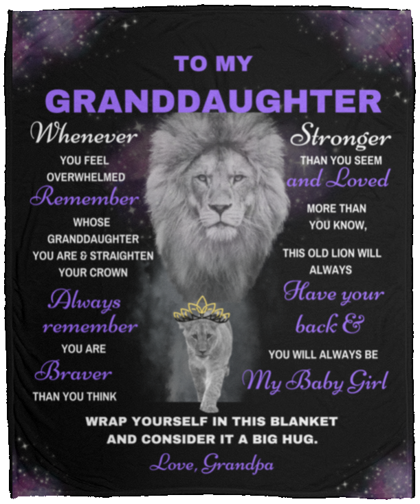 Granddaughter Lion Blanket Gift, from Grandpa - Black w/ Purple (Choose Size and Style)