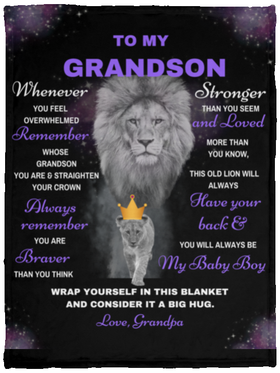 Grandson Lion Blanket Gift, from Grandpa - Black w/ Purple (Choose Size and Style)