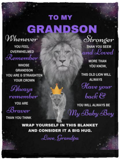 Grandson Lion Blanket Gift, from Grandpa - Black w/ Purple (Choose Size and Style)