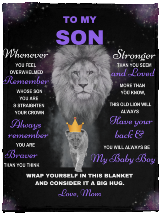 Son Lion Blanket Gift, from Mom - Black w/ Purple (Choose Size and Style)