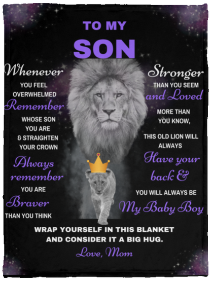 Son Lion Blanket Gift, from Mom - Black w/ Purple (Choose Size and Style)