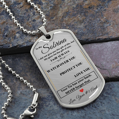 Dog Tag Necklace, GIFT TO SOBRINA from Tio - Silver or Gold