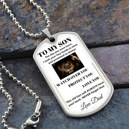 Dog Tag Necklace, GIFT TO SON from Dad - Lion White