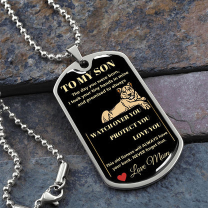 Dog Tag Necklace, GIFT TO SON from Mom - Lioness Black