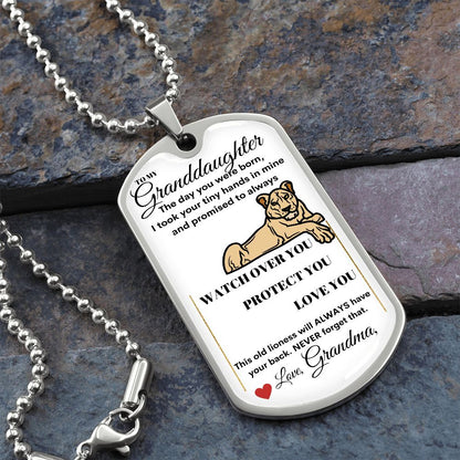Dog Tag Necklace, GIFT TO GRANDDAUGHTER from Grandma - Lioness White