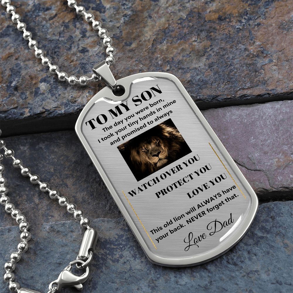 Dog Tag Necklace, GIFT TO SON from Dad - Lion Silver or Gold