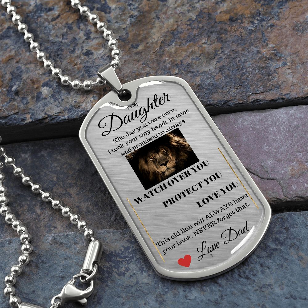 Dog Tag Necklace, GIFT TO DAUGHTER from Dad - Lion Silver or Gold