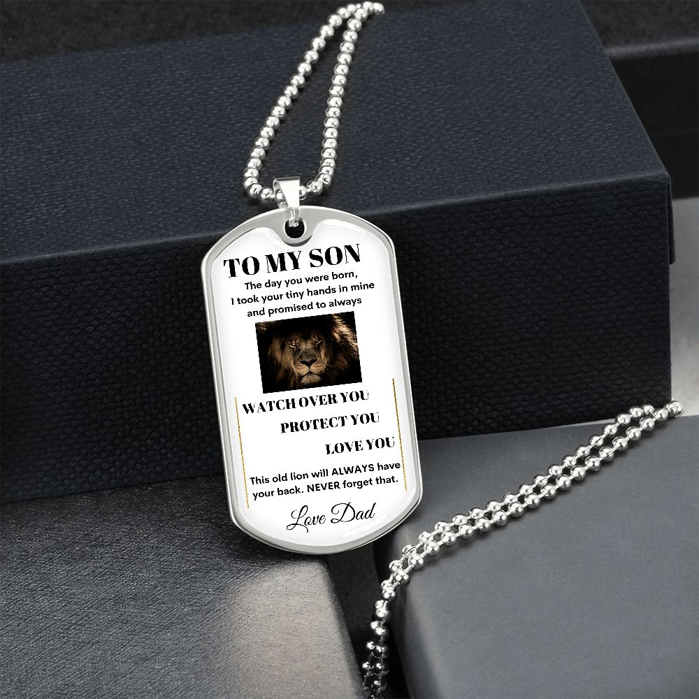 Dog Tag Necklace, GIFT TO SON from Dad - Lion White