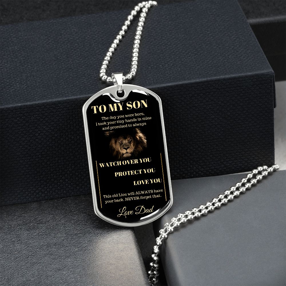 Dog Tag Necklace, GIFT TO SON from Dad - Lion Black
