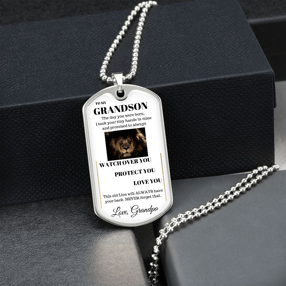 Dog Tag Necklace, GIFT TO GRANDSON from Grandpa - Lion White
