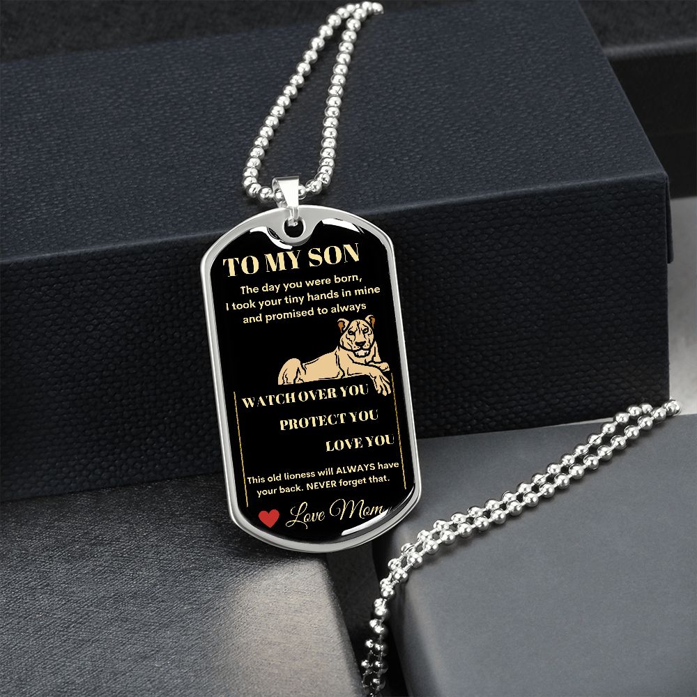 Dog Tag Necklace, GIFT TO SON from Mom - Lioness Black