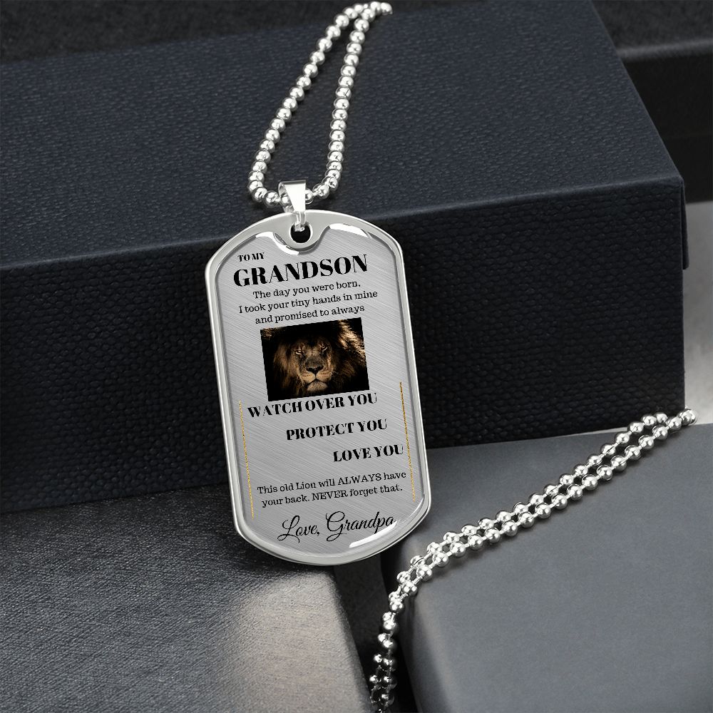 Dog Tag Necklace, GIFT TO GRANDSON from Grandpa - Lion Silver or Gold